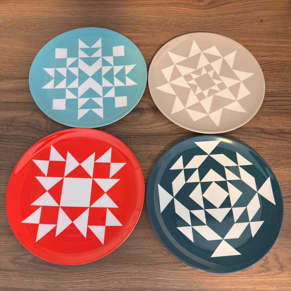 Missouri Star Quilt Co Melamine Plates Set 4 Geometric Quilt Block Farmhouse 8in